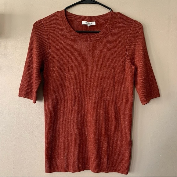 NWT Madewell Evening Sparkle Burnt Orange Ribbed Sweater Short Sleeve Top Small - Picture 4 of 13